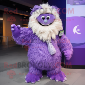 Purple Yeti mascot costume character dressed with a Bikini and Scarf clips