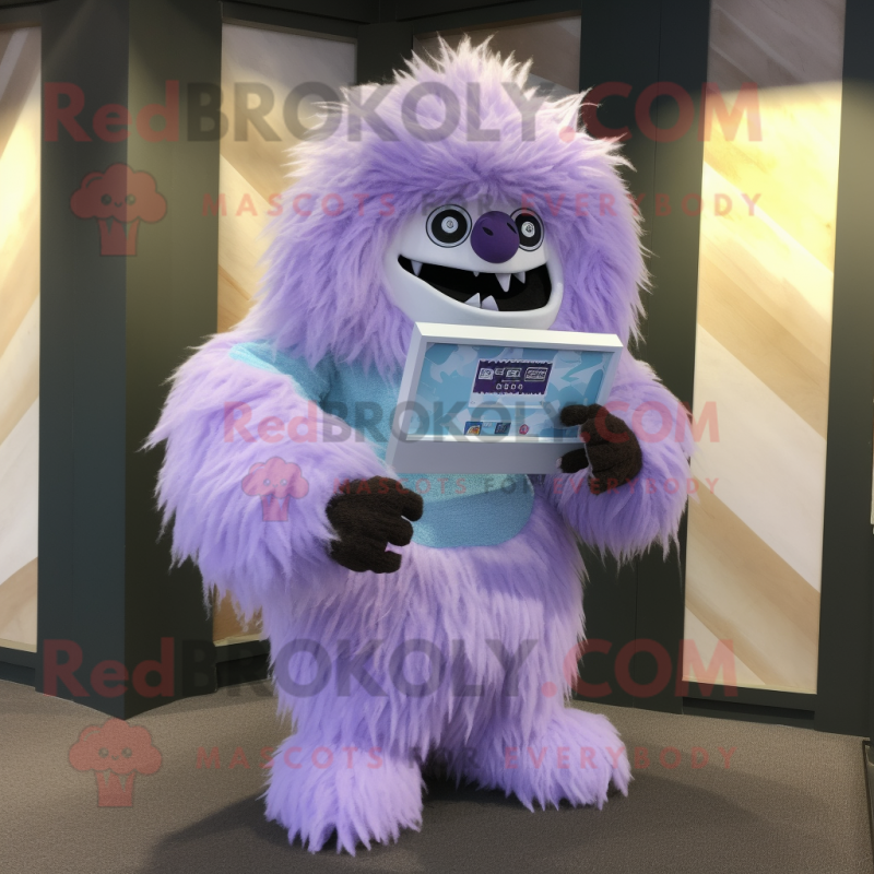 Purple Yeti mascot costume character dressed with a Bikini and Scarf clips