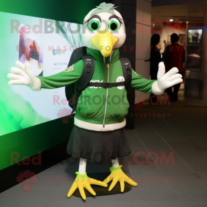 Forest Green Gull mascot costume character dressed with a Moto Jacket and Backpacks
