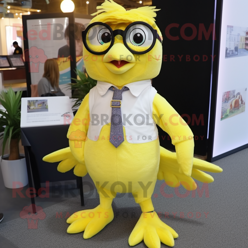 Lemon Yellow Archeopteryx mascot costume character dressed with a Button-Up Shirt and Eyeglasses