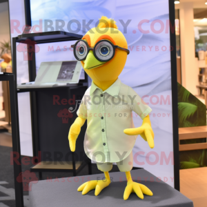 Lemon Yellow Archeopteryx mascot costume character dressed with a Button-Up Shirt and Eyeglasses