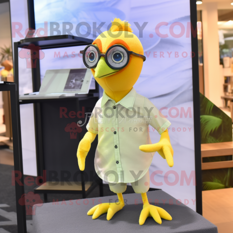 Lemon Yellow Archeopteryx mascot costume character dressed with a Button-Up Shirt and Eyeglasses