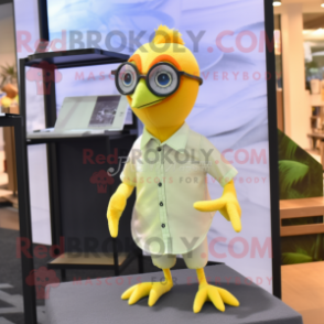 Lemon Yellow Archeopteryx mascot costume character dressed with a Button-Up Shirt and Eyeglasses