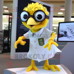 Lemon Yellow Archeopteryx mascot costume character dressed with a Button-Up Shirt and Eyeglasses