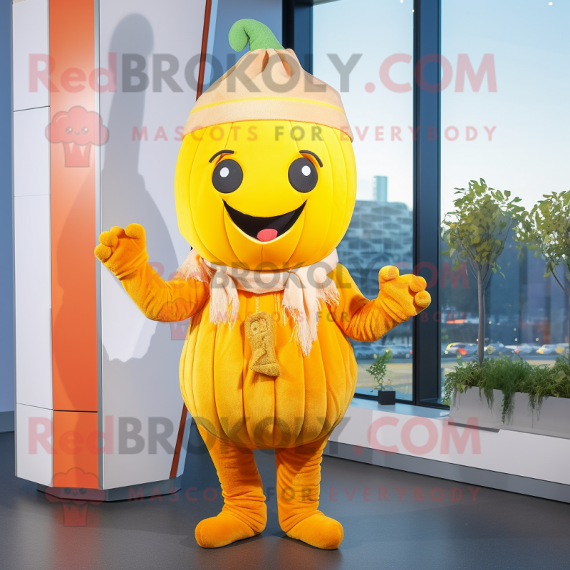 Yellow Pumpkin mascot costume character dressed with a Sweater and Headbands