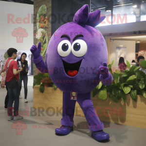 Purple Plum mascot costume character dressed with a Jeans and Brooches