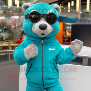 Turquoise Mongoose mascot costume character dressed with a Sweatshirt and Eyeglasses