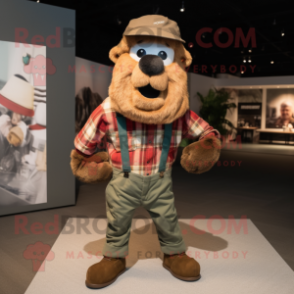 Brown Commando mascot costume character dressed with a Flannel Shirt and Caps