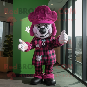 Magenta Four Leaf Clover mascot costume character dressed with a Flannel Shirt and Berets