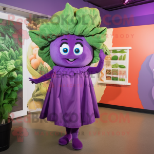 Purple Cabbage mascot costume character dressed with a Shift Dress and Headbands