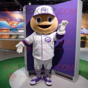 Lavender Baseball Glove mascot costume character dressed with a Hoodie and Brooches