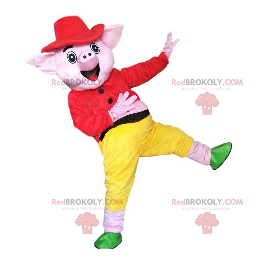 Pink pig mascot dressed in a colorful outfit - Redbrokoly.com
