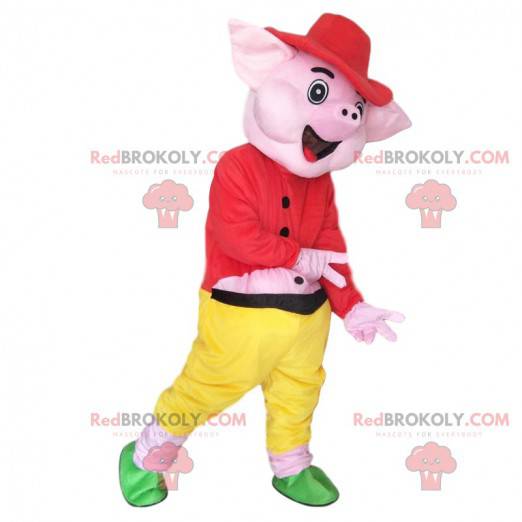 Pink pig mascot dressed in a colorful outfit - Redbrokoly.com