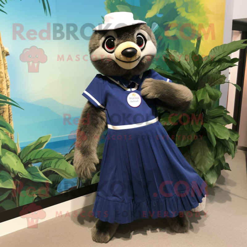 Navy Sloth mascot costume character dressed with a Pleated Skirt and Shoe clips