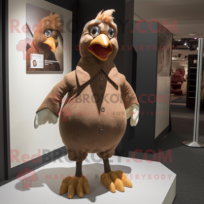 Brown Chicken mascot costume character dressed with a A-Line Dress and Cufflinks