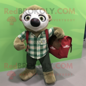 Green Sloth mascot costume character dressed with a Flannel Shirt and Tote bags