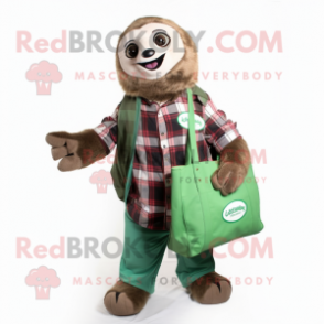 Green Sloth mascot costume character dressed with a Flannel Shirt and Tote bags