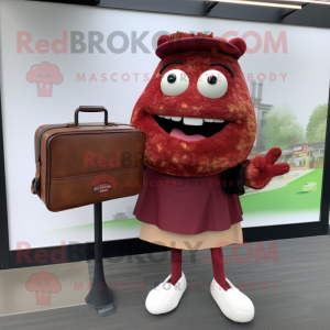 Maroon Pulled Pork Sandwich mascot costume character dressed with a Cardigan and Briefcases