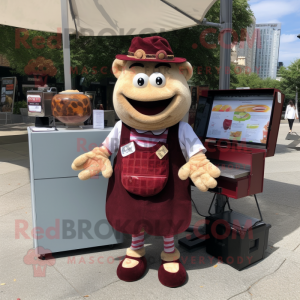 Maroon Pulled Pork Sandwich mascot costume character dressed with a Cardigan and Briefcases