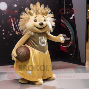 Gold Porcupine mascot costume character dressed with a Ball Gown and Tote bags