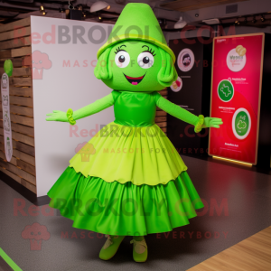 Lime Green Irish Dancer mascot costume character dressed with a Maxi Skirt and Caps