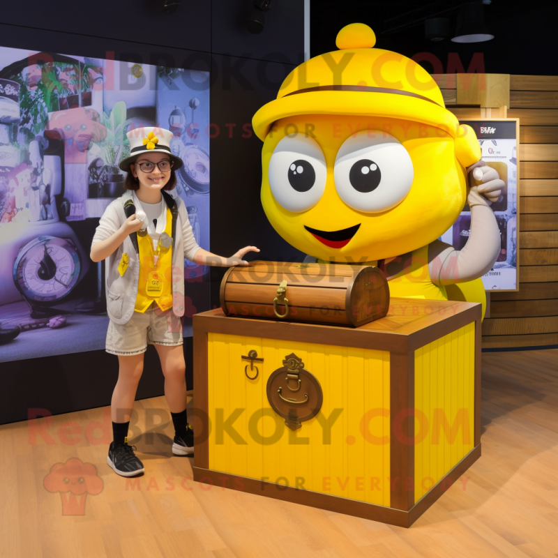 Yellow Treasure Chest mascot costume character dressed with a Oxford Shirt  and Digital watches - Mascot Costumes -  Sizes L (175-180CM)