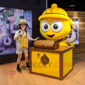 Yellow Treasure Chest mascot costume character dressed with a Oxford Shirt and Digital watches