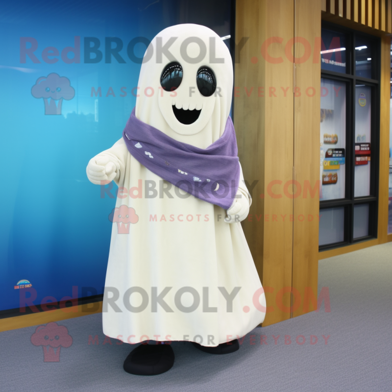 Cream Ghost mascot costume character dressed with a Corduroy Pants and Scarves