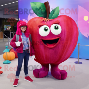 Magenta Apple mascot costume character dressed with a Boyfriend Jeans and Ties