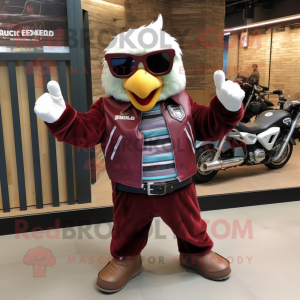 Maroon Shakshuka mascot costume character dressed with a Biker Jacket and Gloves