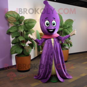 Purple Beanstalk mascot costume character dressed with a Wrap Dress and Shawl pins