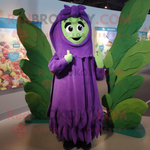 Purple Beanstalk mascot costume character dressed with a Wrap Dress and Shawl pins