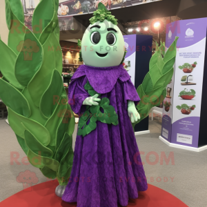Purple Beanstalk mascot costume character dressed with a Wrap Dress and Shawl pins