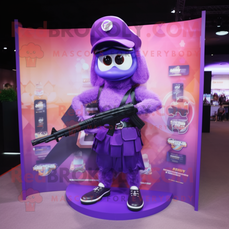 Purple Sniper mascot costume character dressed with a Evening Gown and Headbands