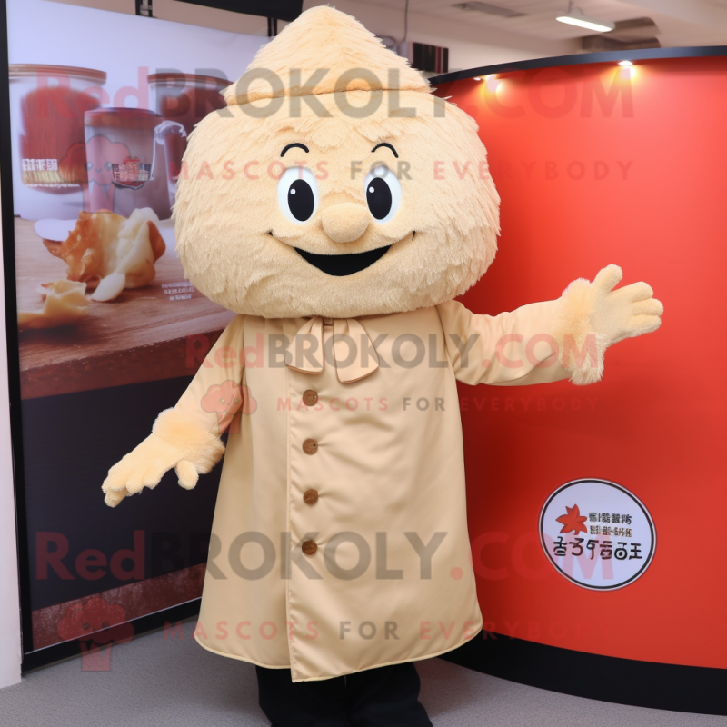 Beige Fried Rice mascot costume character dressed with a Coat and Cummerbunds