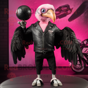 Pink Vulture mascot costume character dressed with a Biker Jacket and Wallets