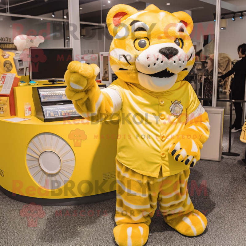 Lemon Yellow Saber-Toothed Tiger mascot costume character dressed with a Jumpsuit and Coin purses