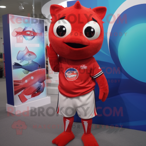 Red Tuna mascot costume character dressed with a Rash Guard and Earrings