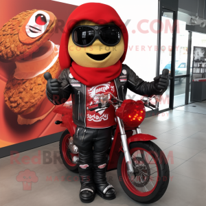 Red Tacos mascot costume character dressed with a Biker Jacket and Wraps