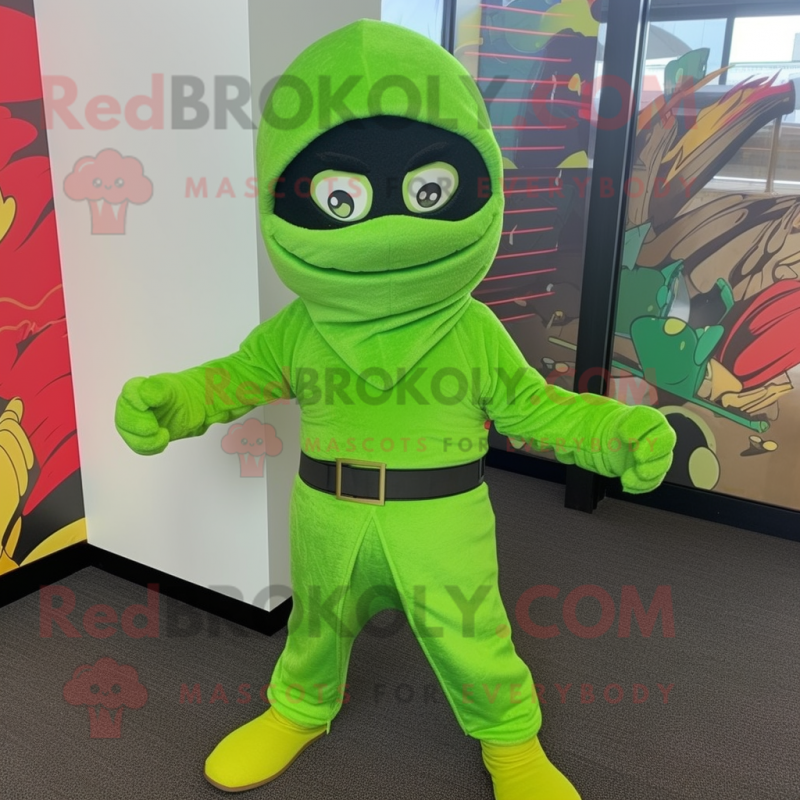 Lime Green Ninja mascot costume character dressed with a Flannel Shirt and Shawl pins