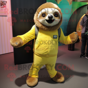 Lemon Yellow Sloth mascot costume character dressed with a Corduroy Pants and Cummerbunds