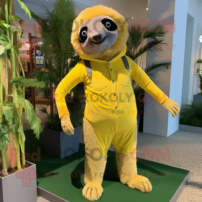 Lemon Yellow Sloth mascot costume character dressed with a Corduroy Pants and Cummerbunds