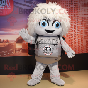 Silver Ramen mascot costume character dressed with a Graphic Tee and Backpacks