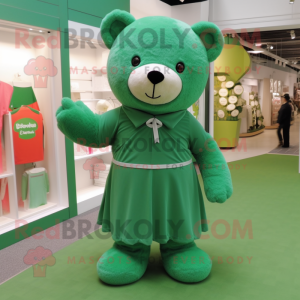 Green Teddy Bear mascot costume character dressed with a Culottes and Wraps