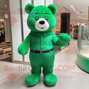 Green Teddy Bear mascot costume character dressed with a Culottes and Wraps