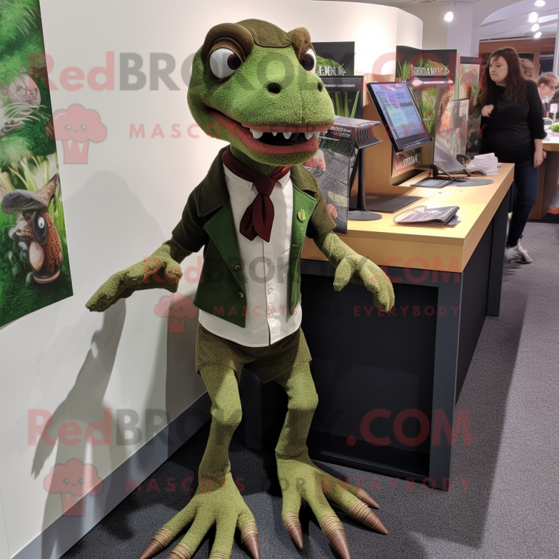 Forest Green Deinonychus mascot costume character dressed with a Chinos and Brooches