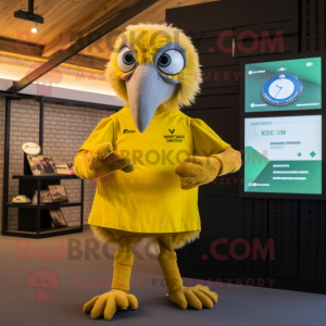 Yellow Vulture mascot costume character dressed with a Playsuit and Smartwatches