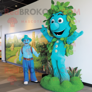 Turquoise Beanstalk mascot costume character dressed with a Polo Shirt and Watches