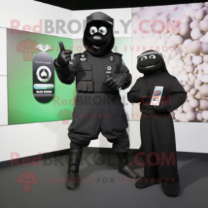 Black Para Commando mascot costume character dressed with a Dress and Smartwatches