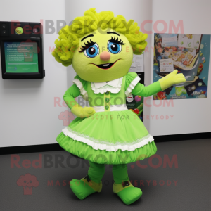 Lime Green Irish Dancer mascot costume character dressed with a Blouse and Clutch bags